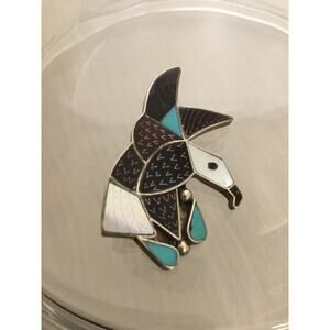 Zuni CD Leekity Sterling/MOP/Pen Shell/Turquoise/Onyx Inlay Eagle Pin/Pendant